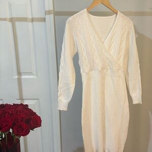 Chic White Cable Knit Wrap Dress